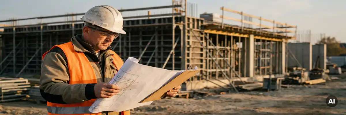 Polnischer Bauingenieur mit Schutzhelm und Warnweste prüft Baupläne auf Klemmbrett vor Gerüst und Betonkonstruktion.